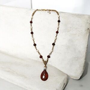 Elegant Gold  , Pearl and Brown Pendant Necklace